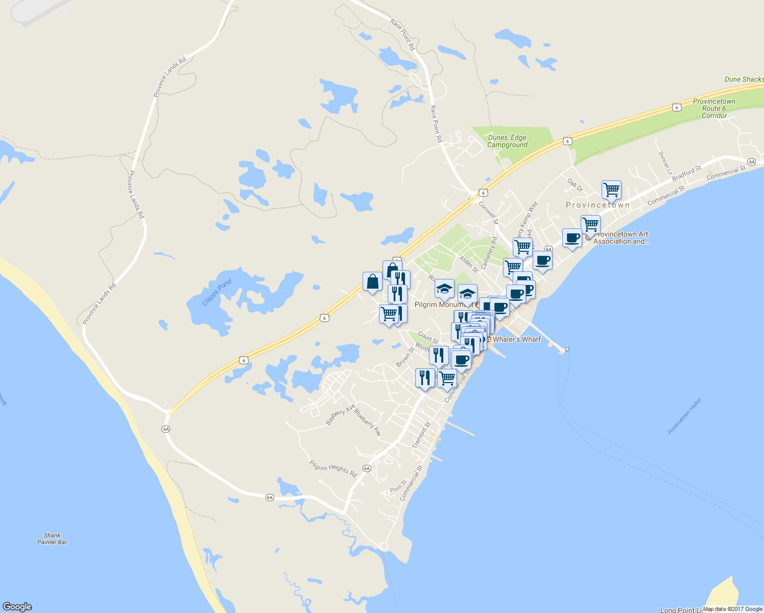 map of restaurants, bars, coffee shops, grocery stores, and more near 35 Province Road in Provincetown