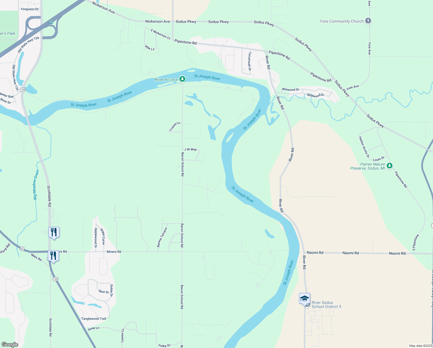 map of restaurants, bars, coffee shops, grocery stores, and more near 1900 Boardwalk in St. Joseph