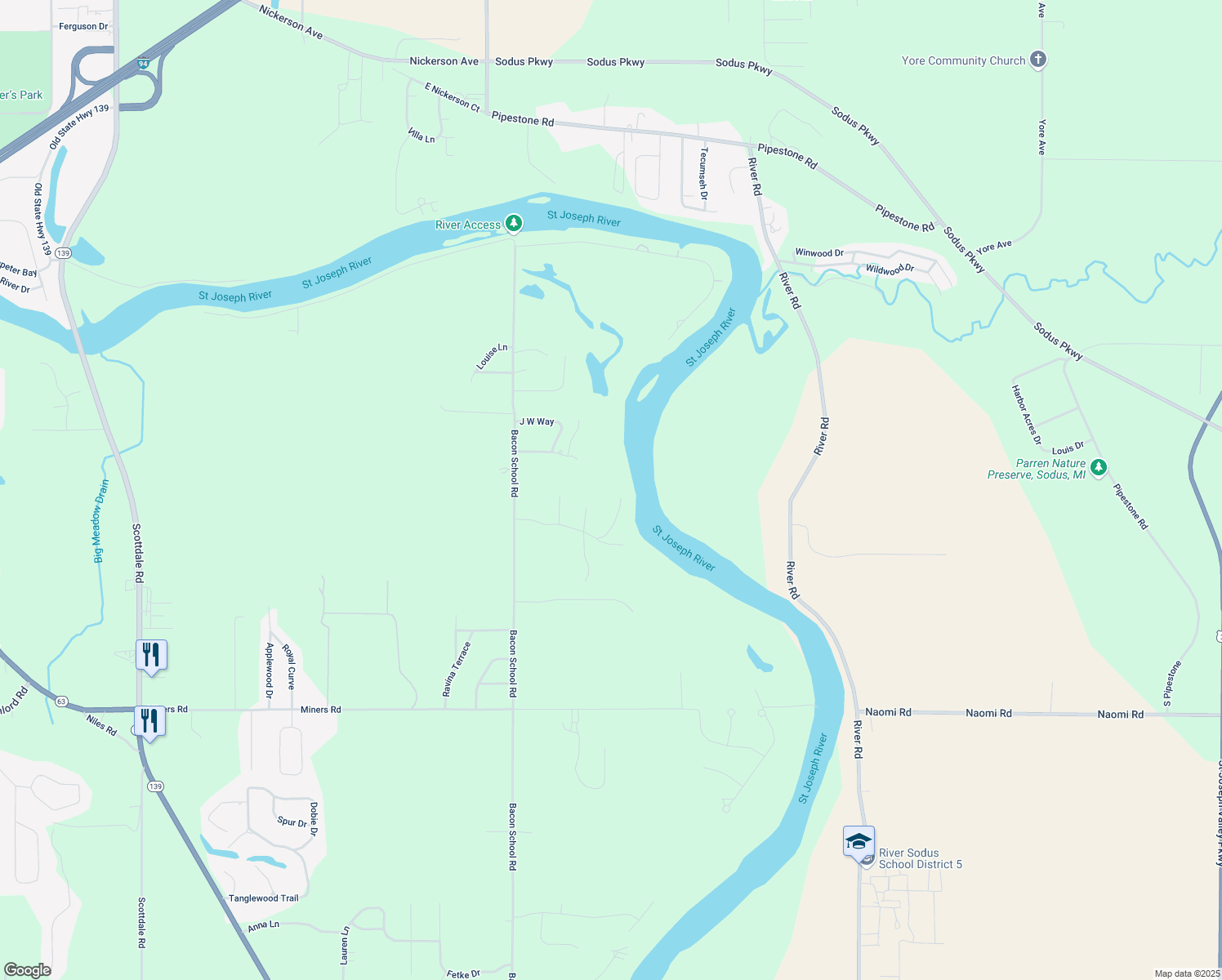 map of restaurants, bars, coffee shops, grocery stores, and more near 1900 Boardwalk in St. Joseph