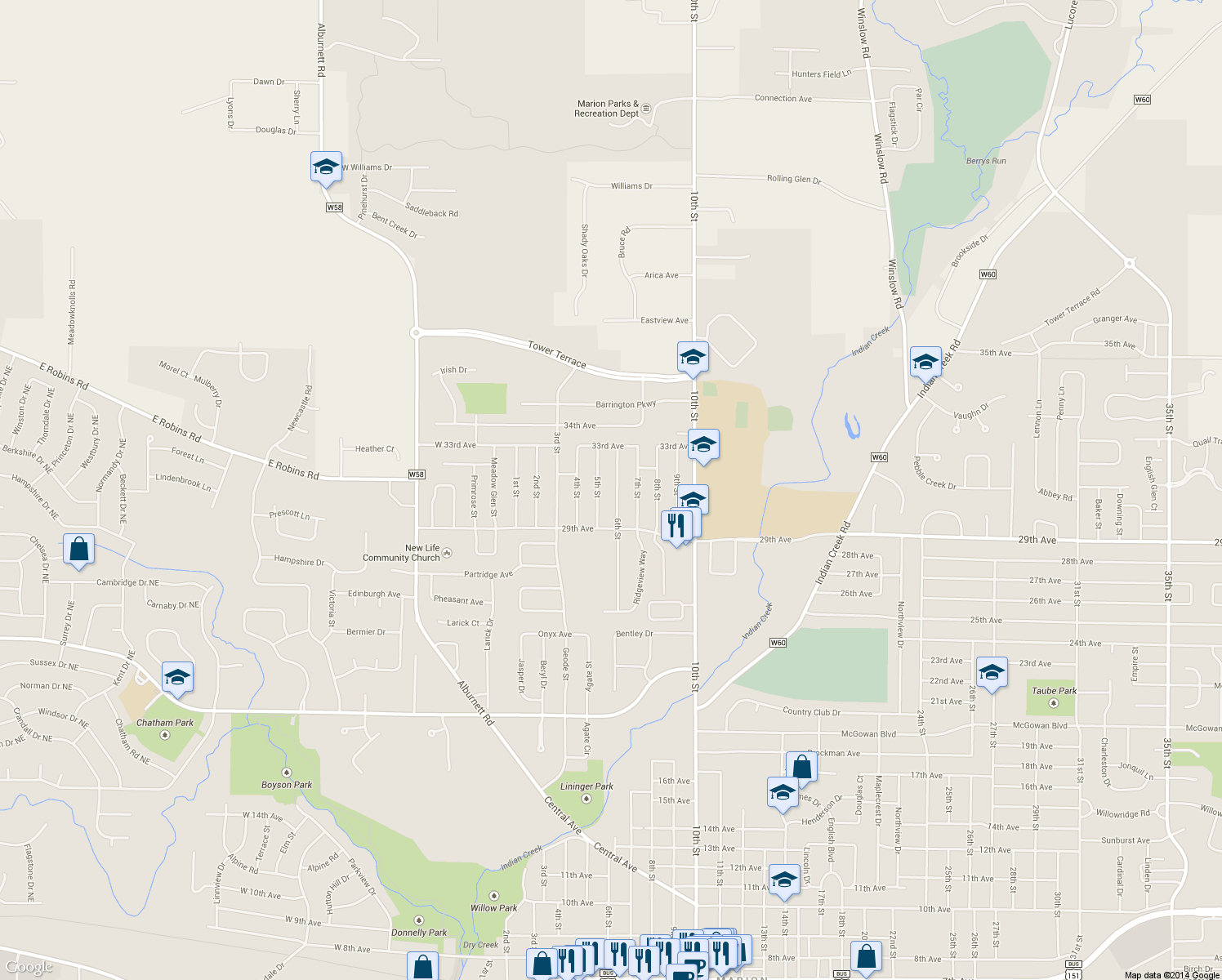 map of restaurants, bars, coffee shops, grocery stores, and more near 3072 6th St in Marion