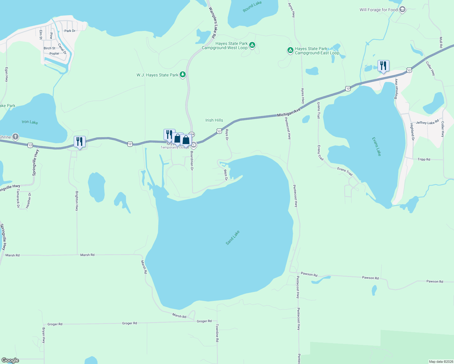 map of restaurants, bars, coffee shops, grocery stores, and more near 5400 Boardman Dr in Onsted