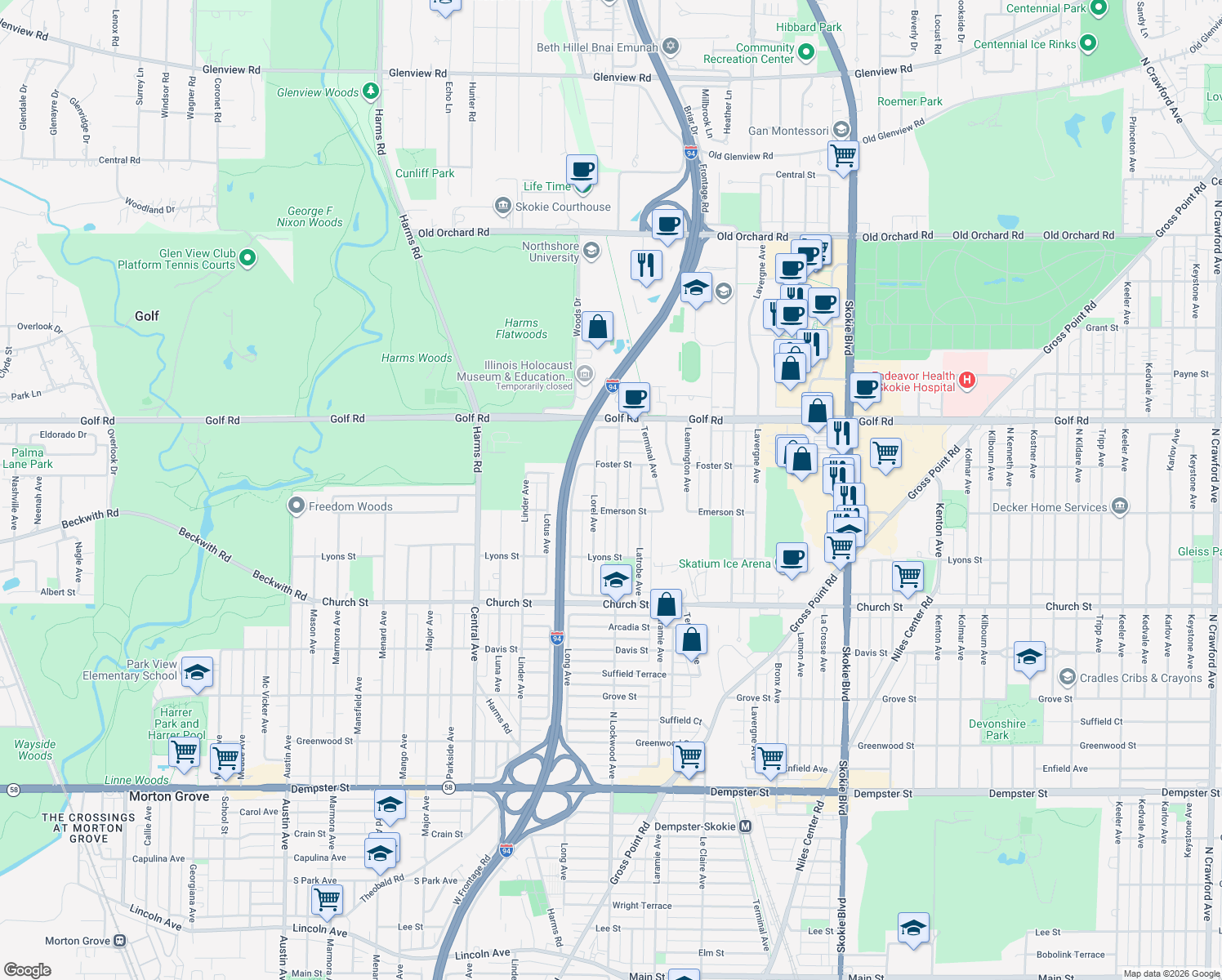map of restaurants, bars, coffee shops, grocery stores, and more near 9424 Lockwood Avenue in Skokie