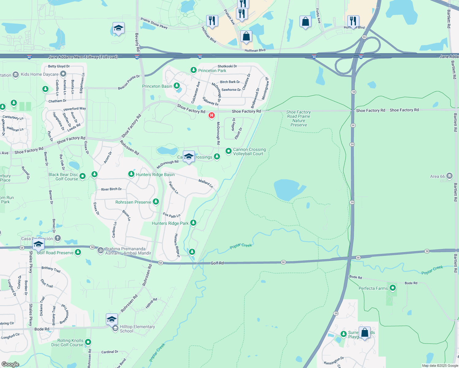 map of restaurants, bars, coffee shops, grocery stores, and more near 1520 Pheasant Trail Court in Hoffman Estates