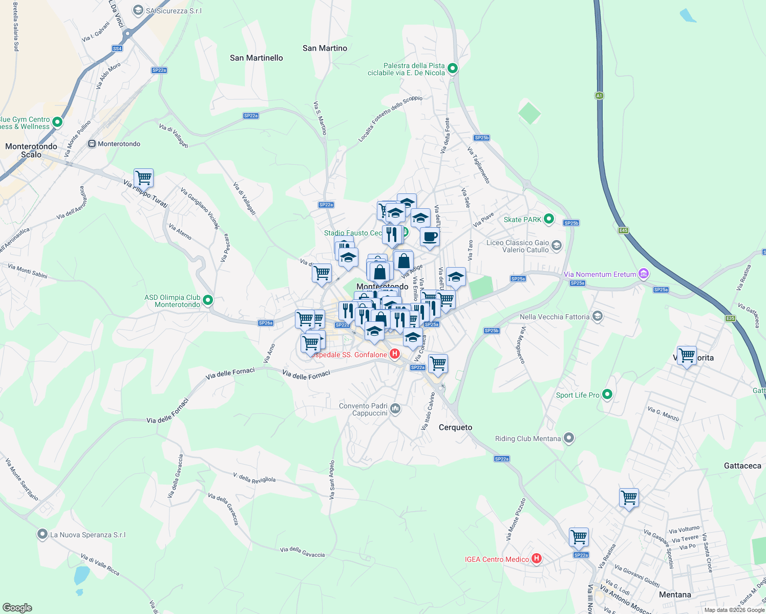 map of restaurants, bars, coffee shops, grocery stores, and more near Via Marsala in Monterotondo
