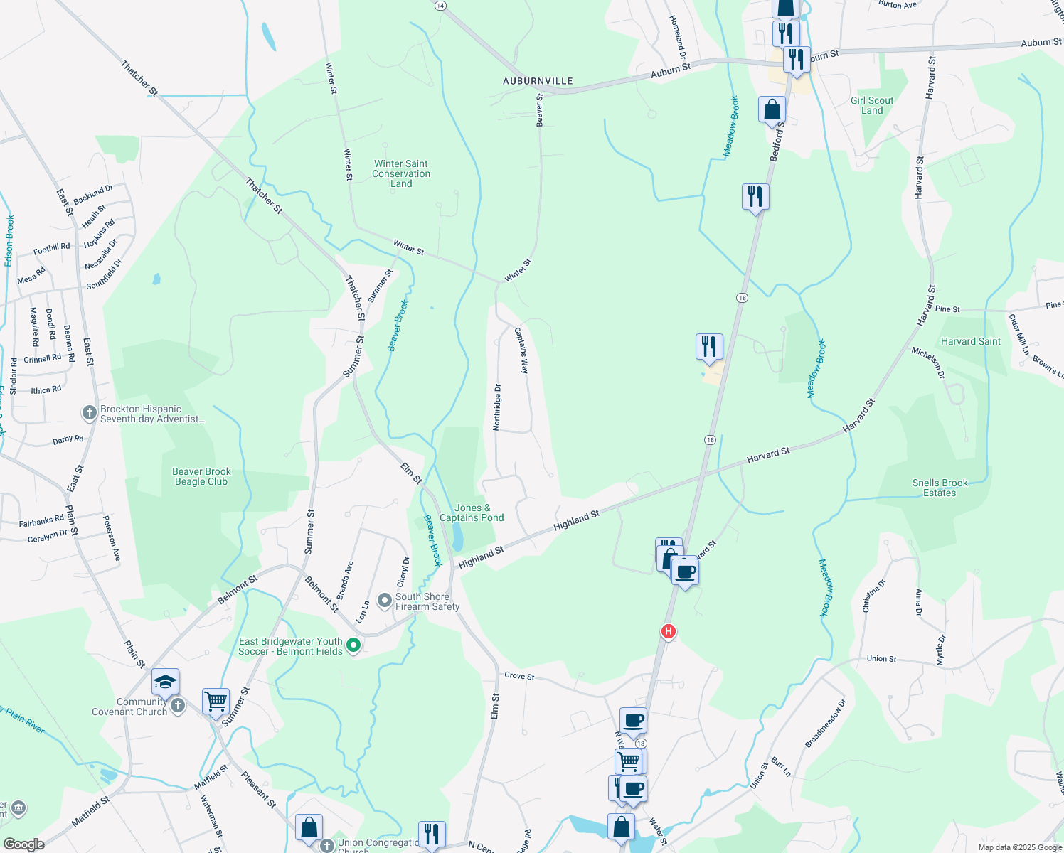 map of restaurants, bars, coffee shops, grocery stores, and more near 25 Captains Way in East Bridgewater