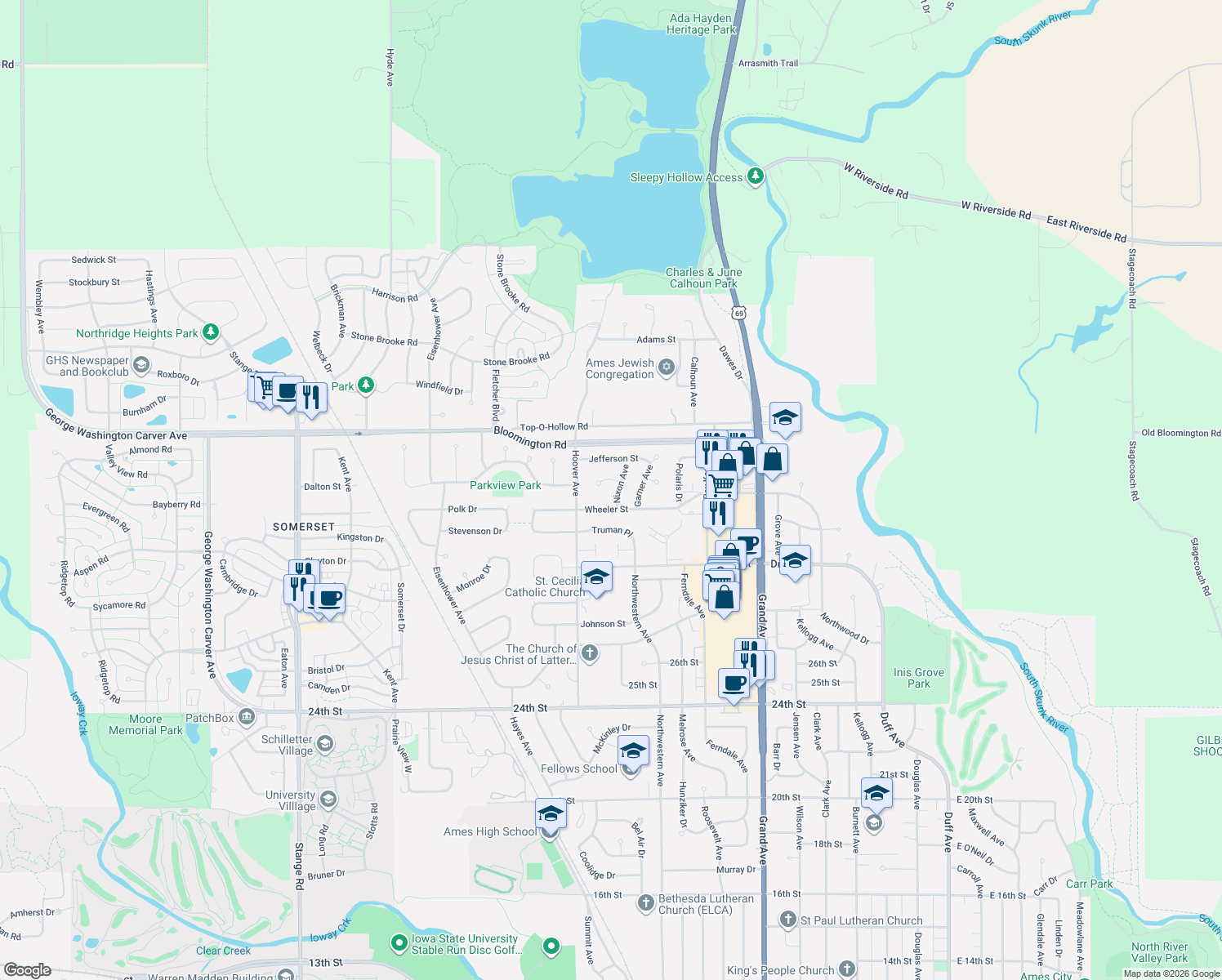 map of restaurants, bars, coffee shops, grocery stores, and more near 3217 Nixon Ave in Ames