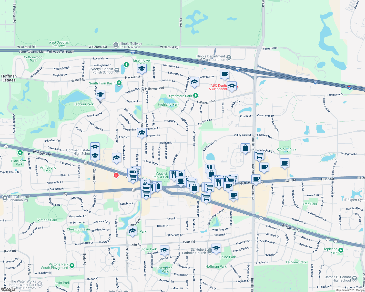 map of restaurants, bars, coffee shops, grocery stores, and more near 1485 Gentry Rd in Hoffman Estates