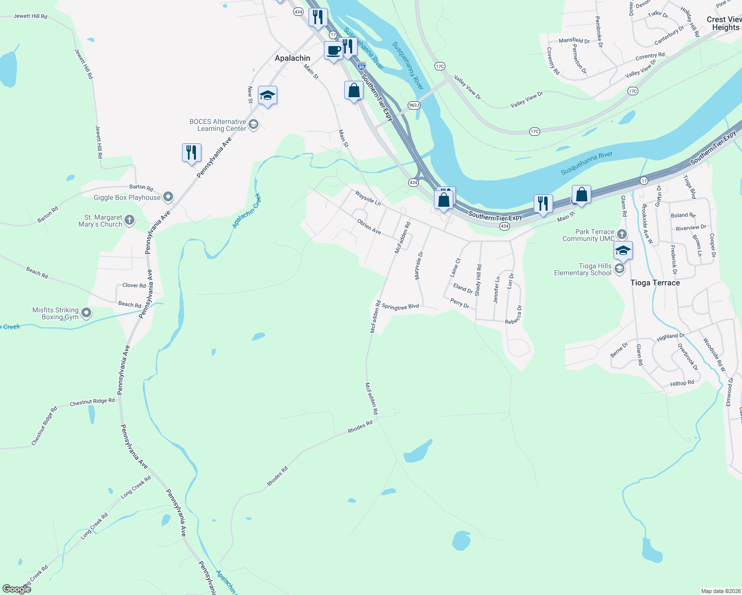 map of restaurants, bars, coffee shops, grocery stores, and more near 392 Mcfadden Rd in Apalachin