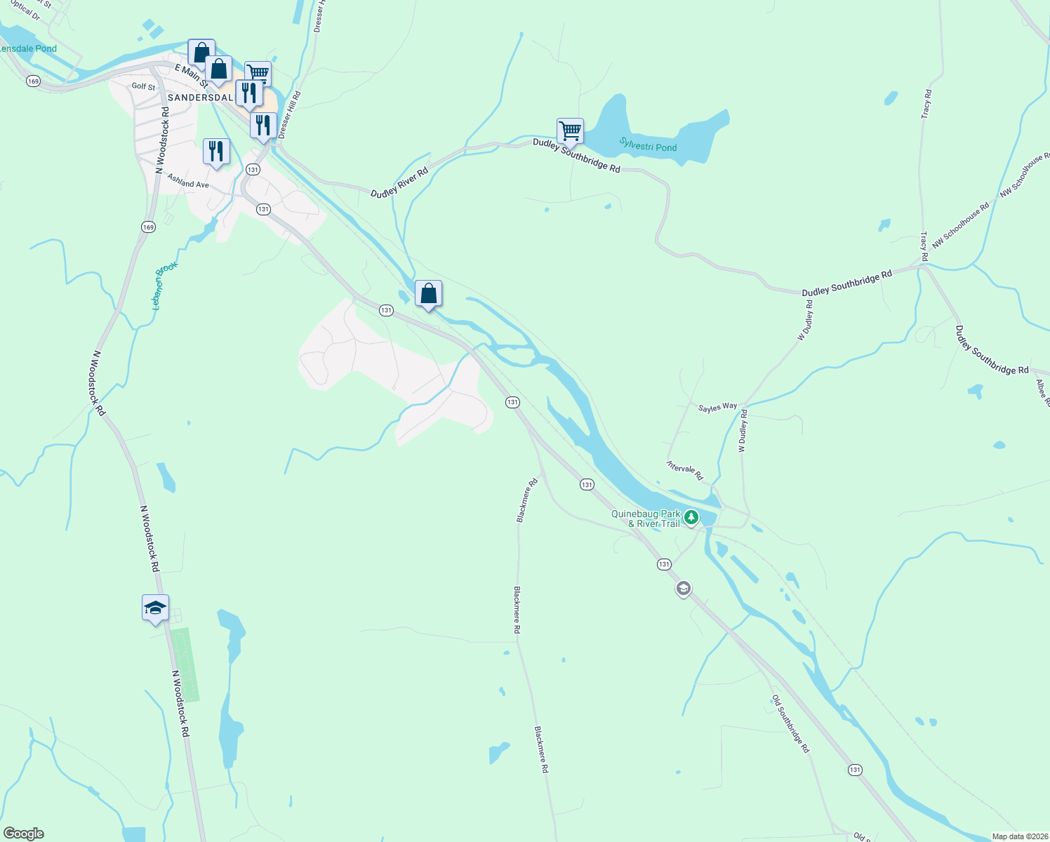 map of restaurants, bars, coffee shops, grocery stores, and more near 0 Old W Dudley Road in Southbridge