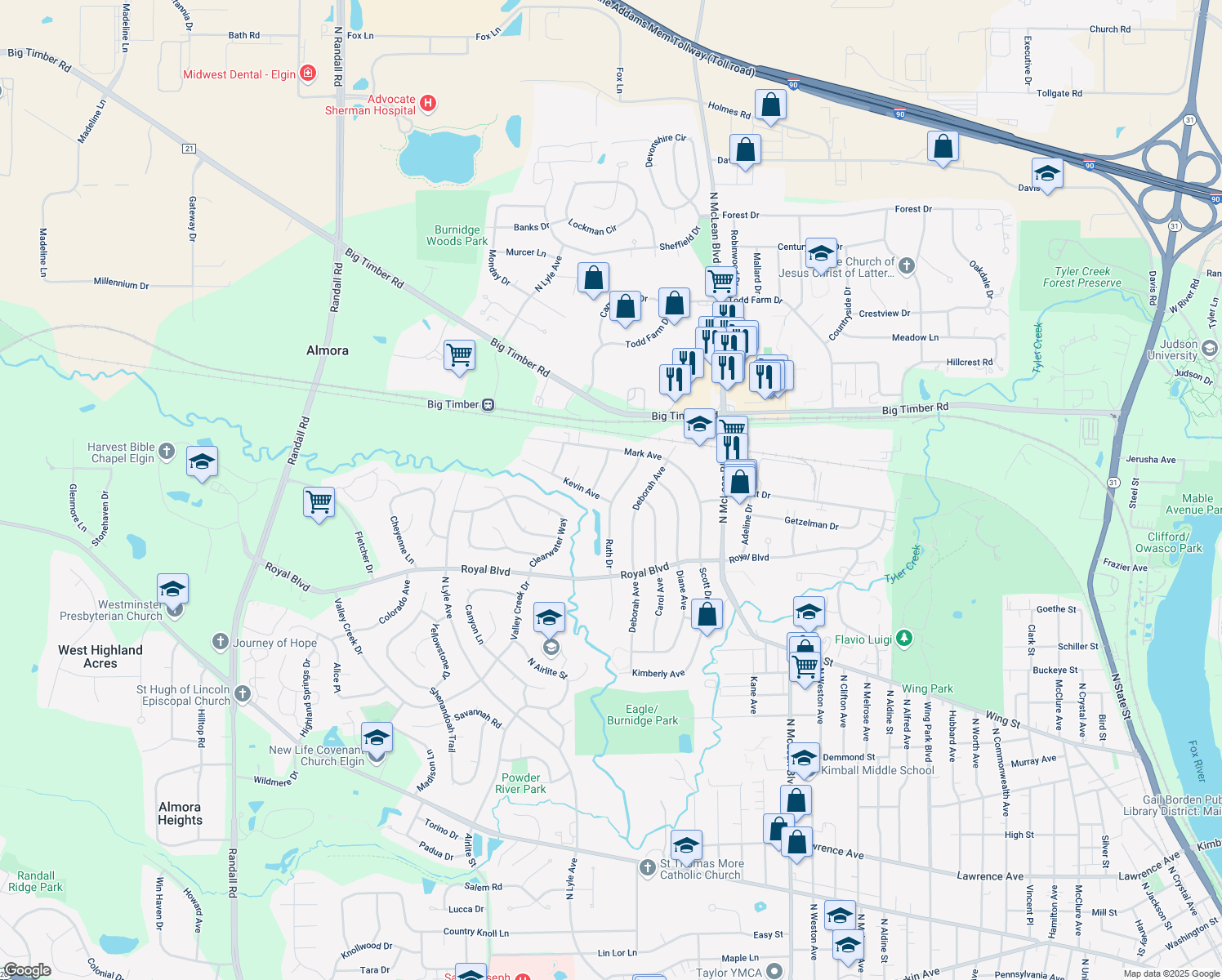 map of restaurants, bars, coffee shops, grocery stores, and more near 972 Ruth Drive in Elgin