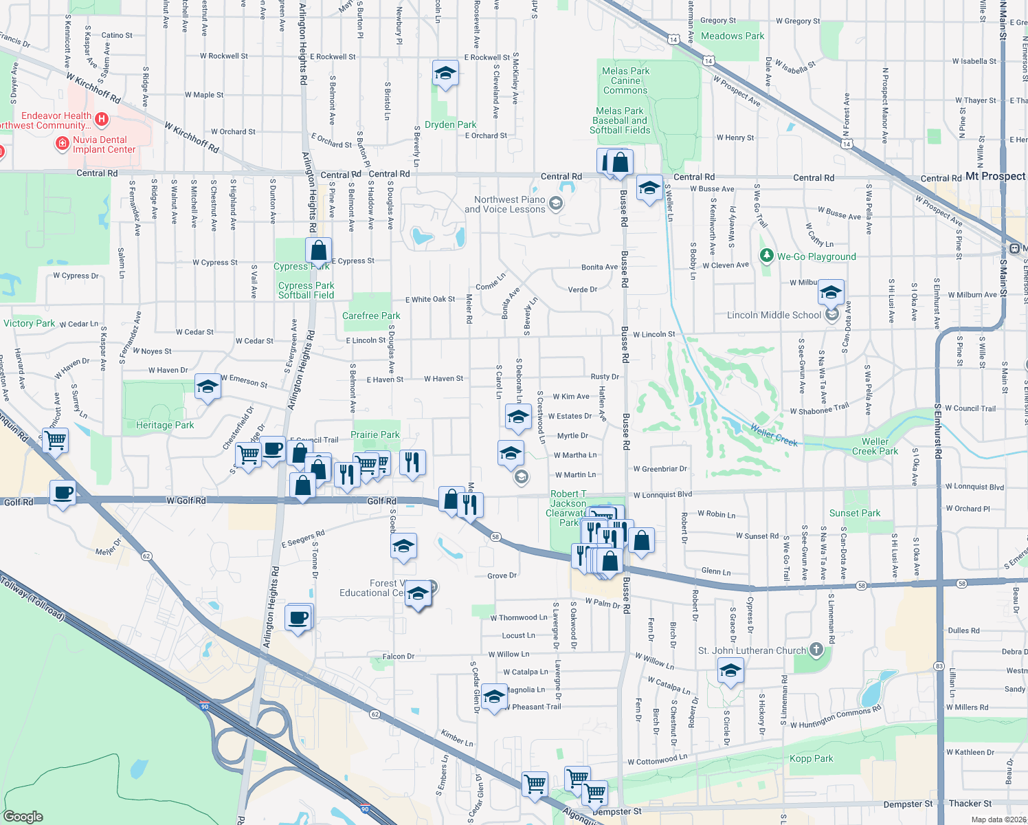 map of restaurants, bars, coffee shops, grocery stores, and more near 514 South Deborah Lane in Mount Prospect