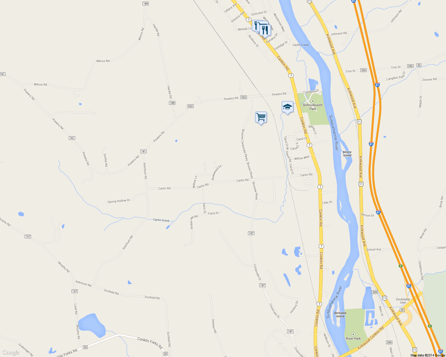 map of restaurants, bars, coffee shops, grocery stores, and more near 119 Carlin Road in Conklin