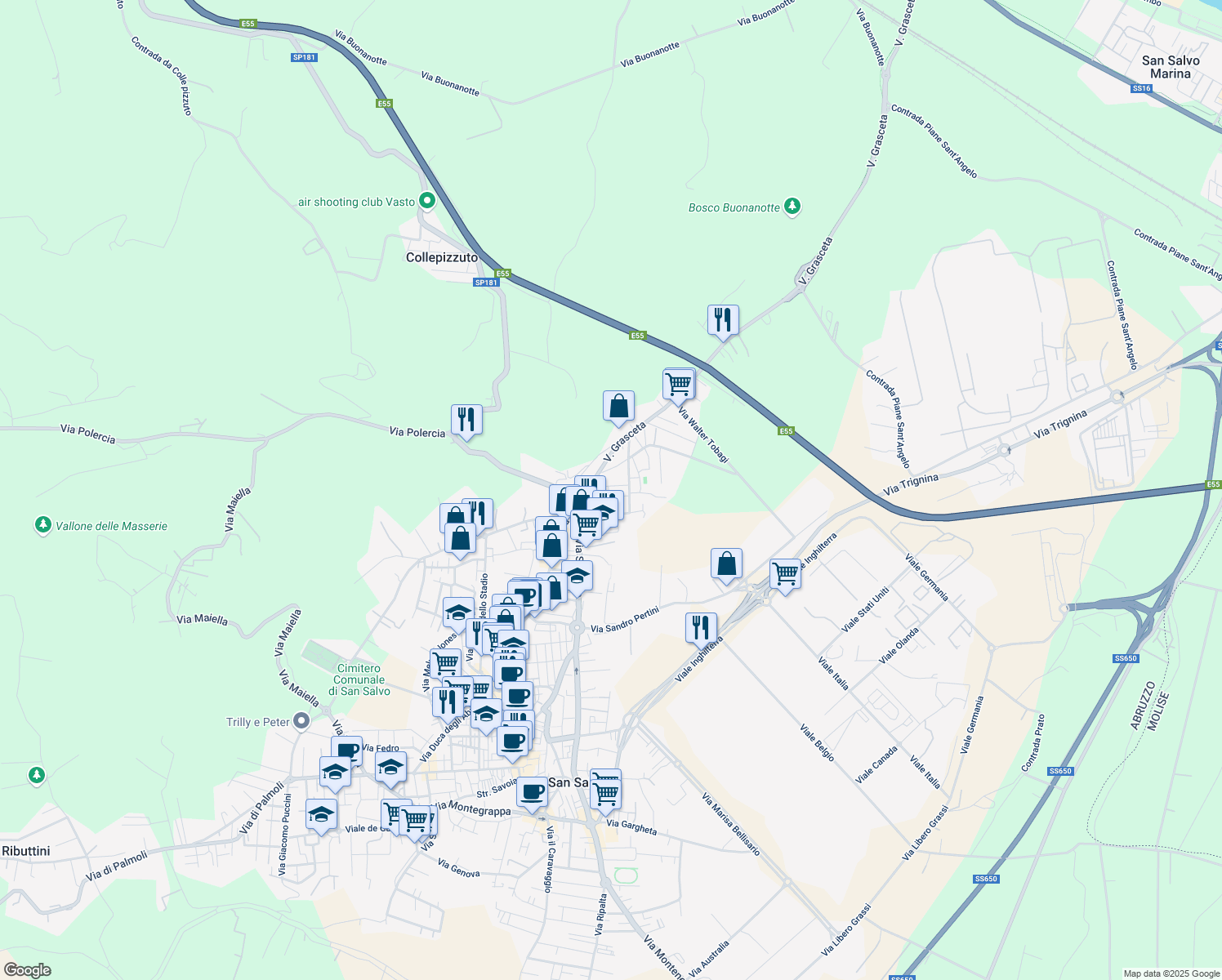 map of restaurants, bars, coffee shops, grocery stores, and more near 40 Via Paolo VI in San Salvo
