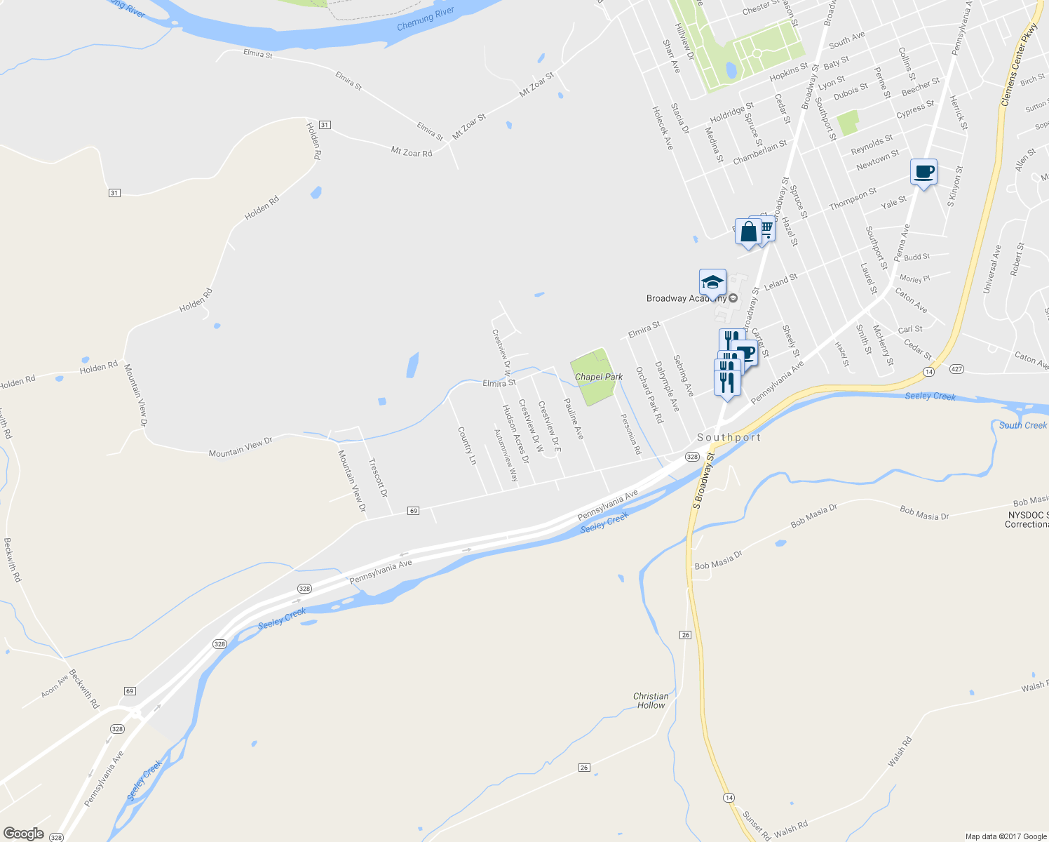 map of restaurants, bars, coffee shops, grocery stores, and more near 27 Crestview Drive West in Pine City