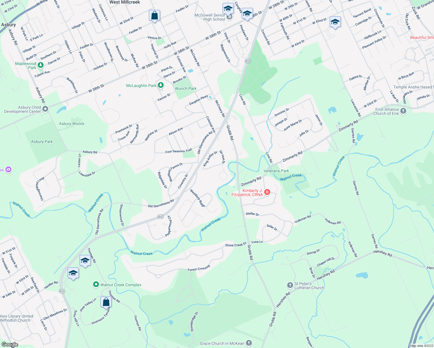 map of restaurants, bars, coffee shops, grocery stores, and more near 5020 Sir Lancelot Dr in Erie