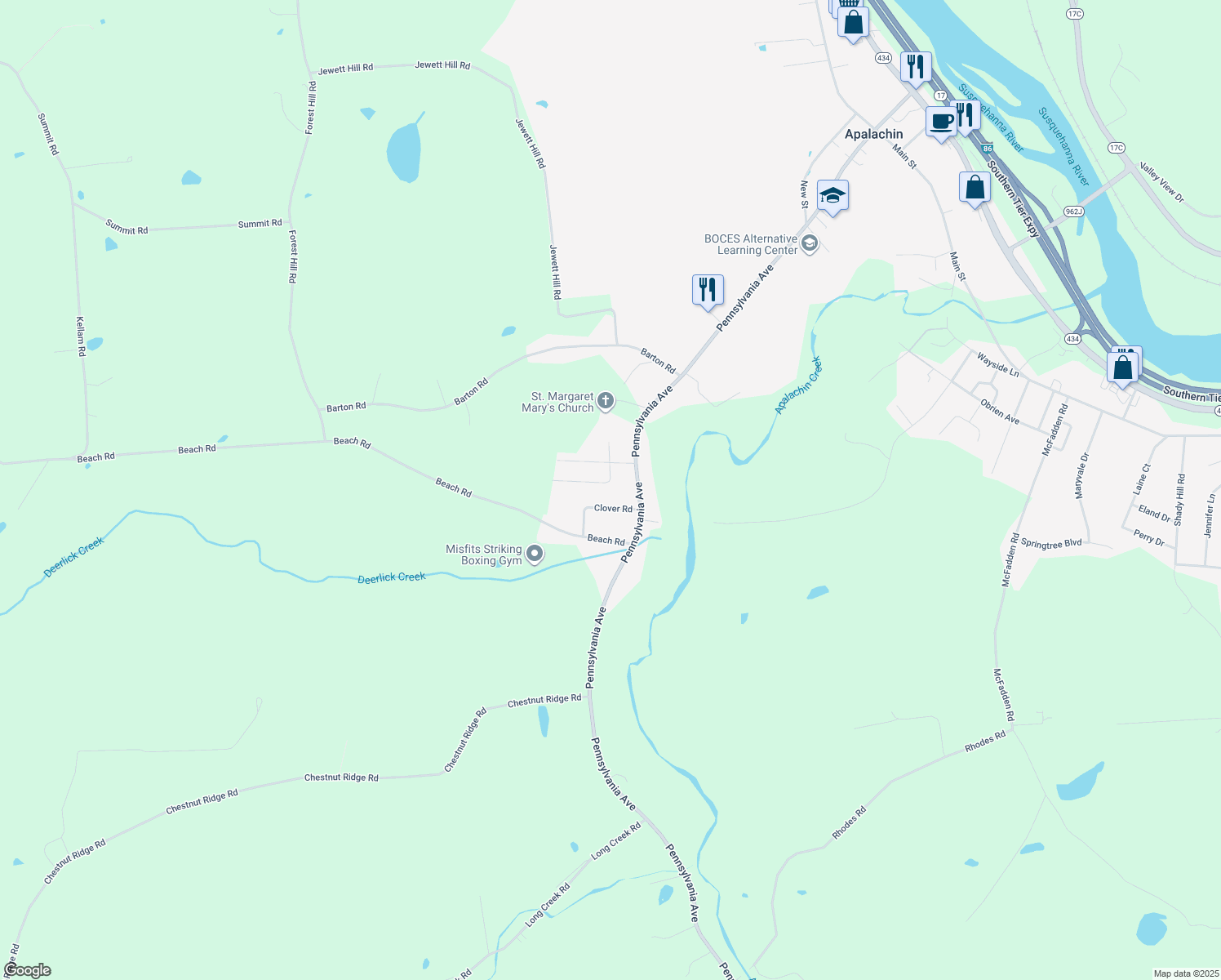 map of restaurants, bars, coffee shops, grocery stores, and more near 15 Meadow Ln in Apalachin