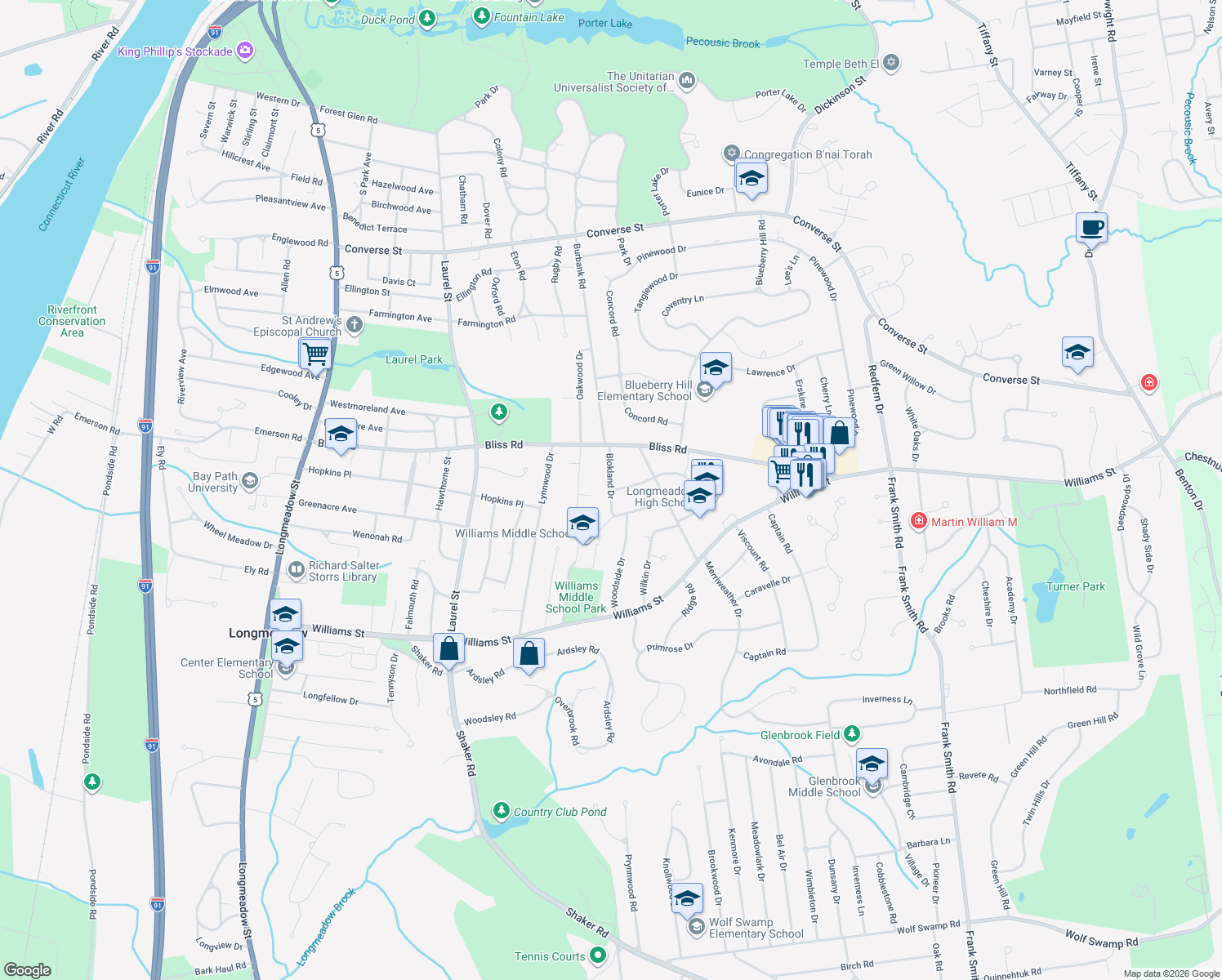 map of restaurants, bars, coffee shops, grocery stores, and more near 64 Blokland Dr in Longmeadow