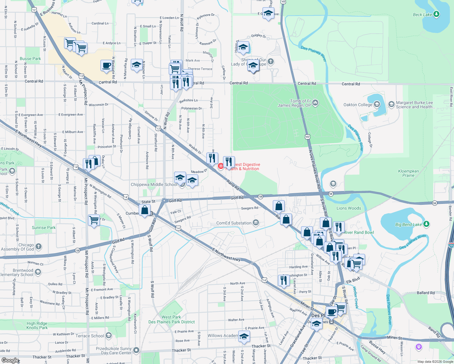 map of restaurants, bars, coffee shops, grocery stores, and more near 965 Rand Road in Des Plaines