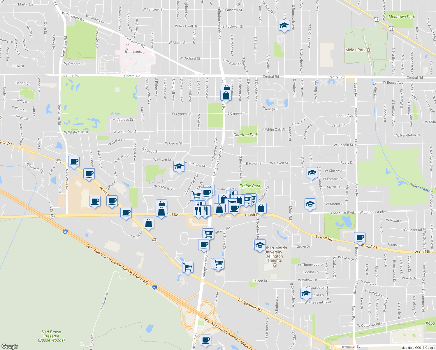 map of restaurants, bars, coffee shops, grocery stores, and more near 1531 South Arlington Heights Road in Arlington Heights
