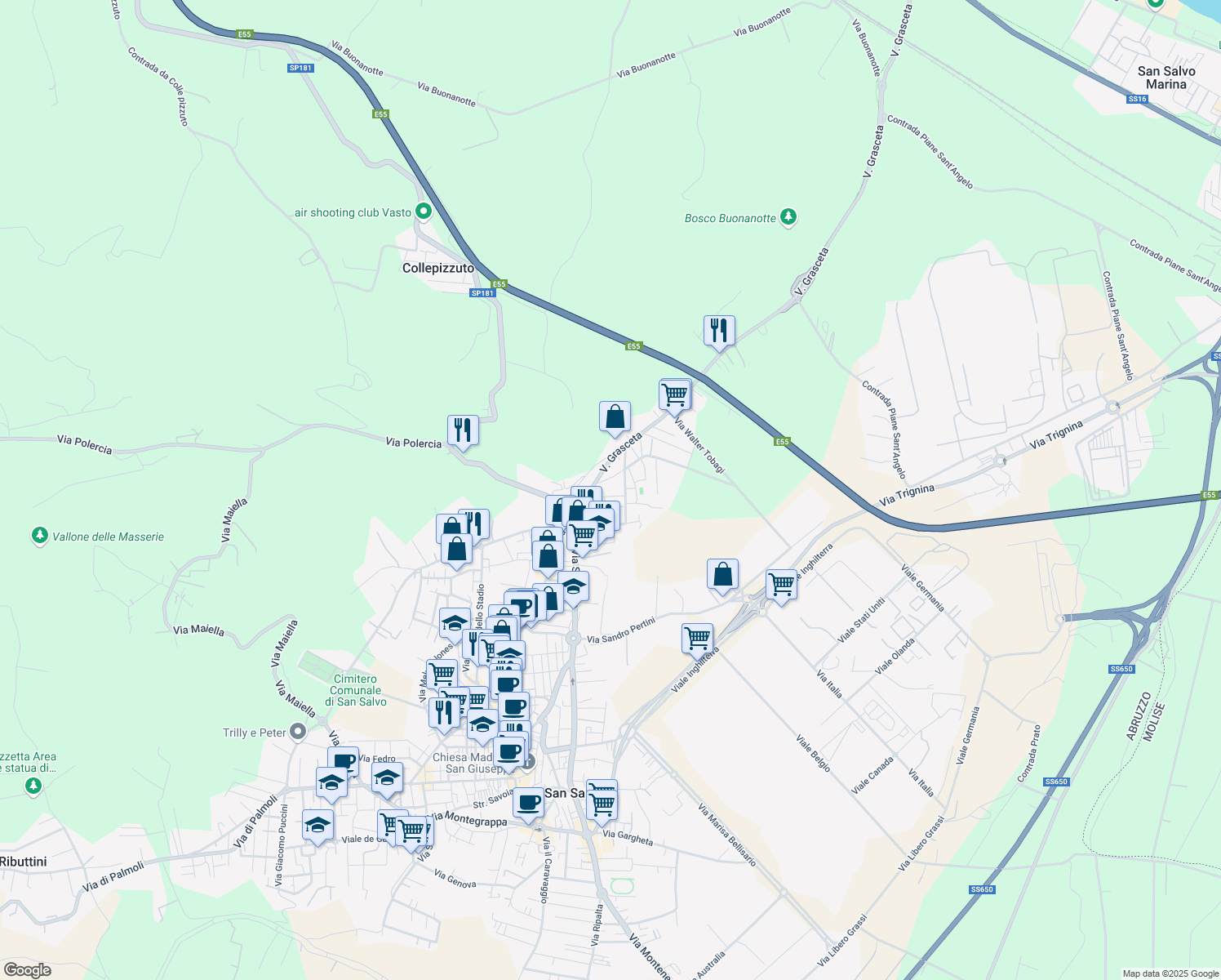 map of restaurants, bars, coffee shops, grocery stores, and more near 40 Via Paolo VI in San Salvo
