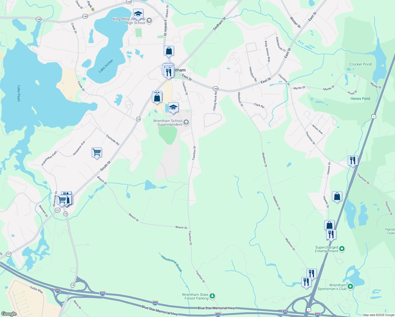 map of restaurants, bars, coffee shops, grocery stores, and more near 287 Taunton Street in Wrentham