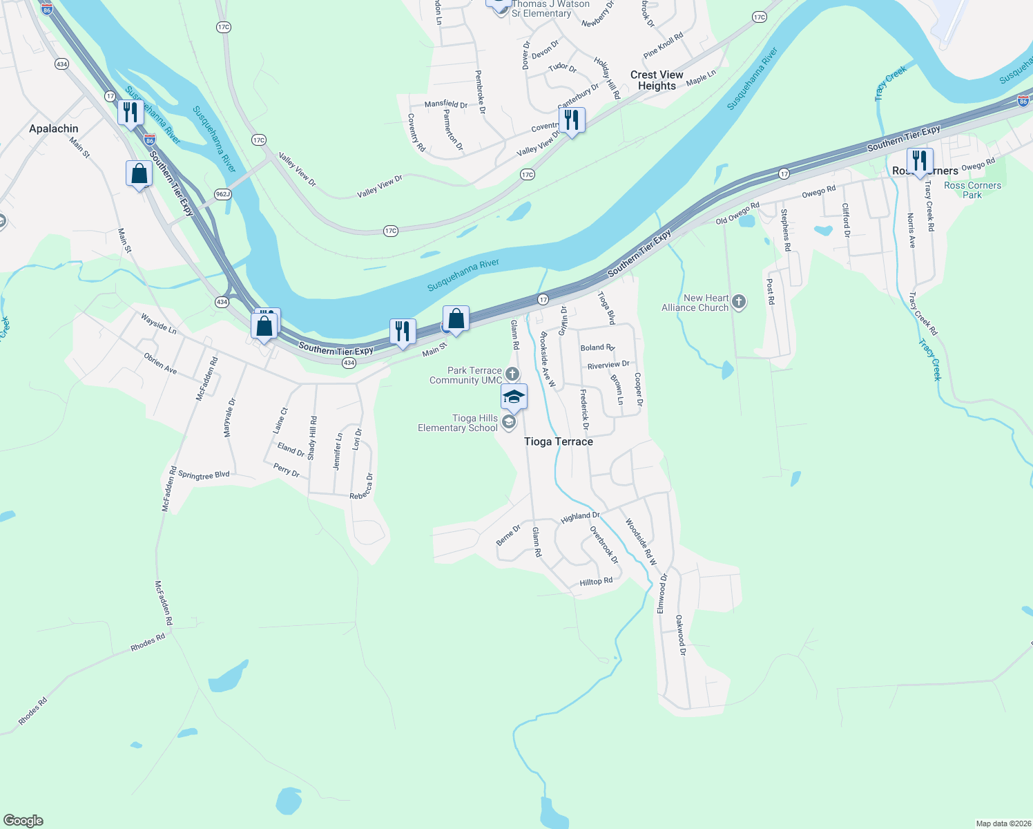 map of restaurants, bars, coffee shops, grocery stores, and more near 38 Glann Road in Apalachin