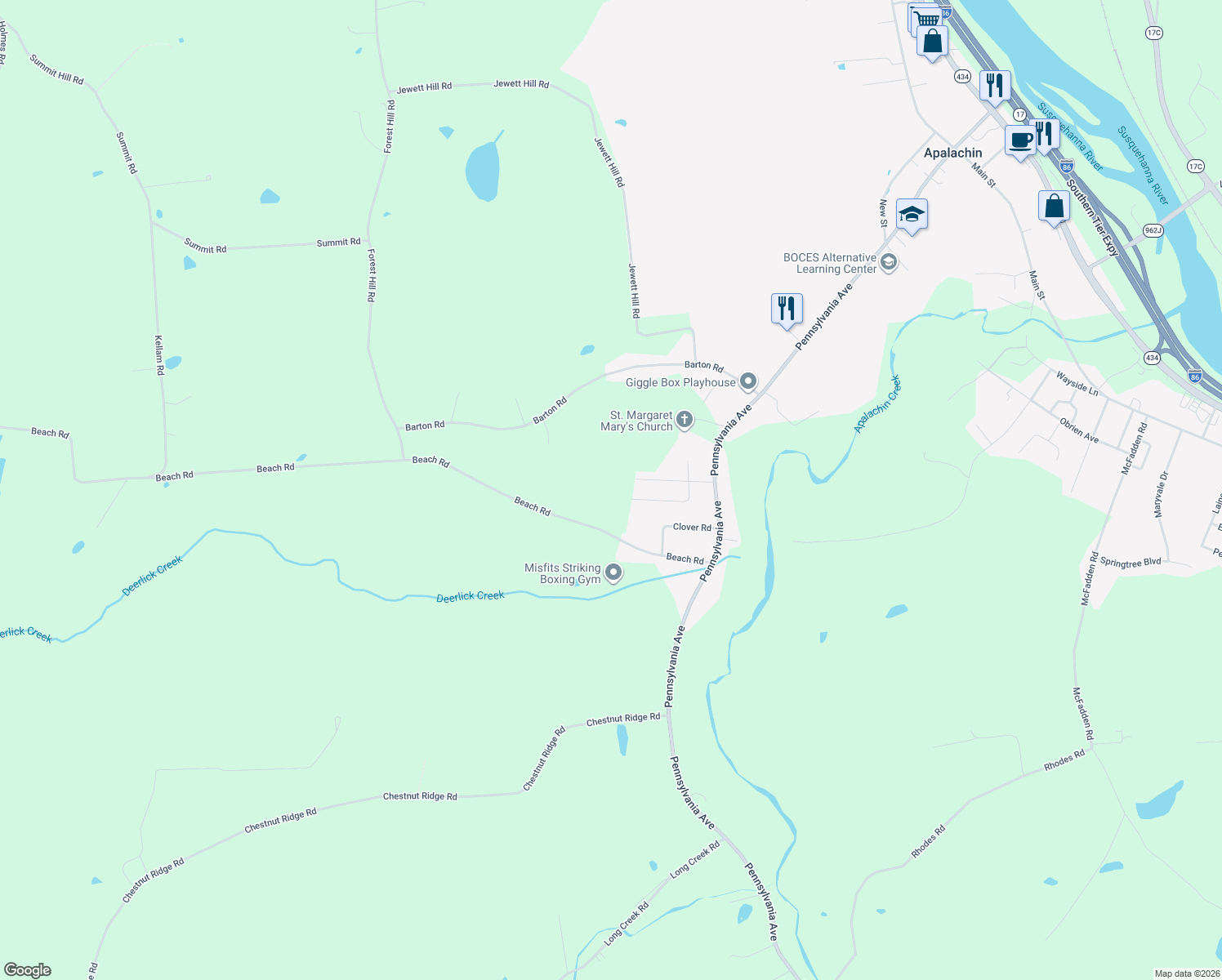 map of restaurants, bars, coffee shops, grocery stores, and more near 26 Meadow Ln in Apalachin