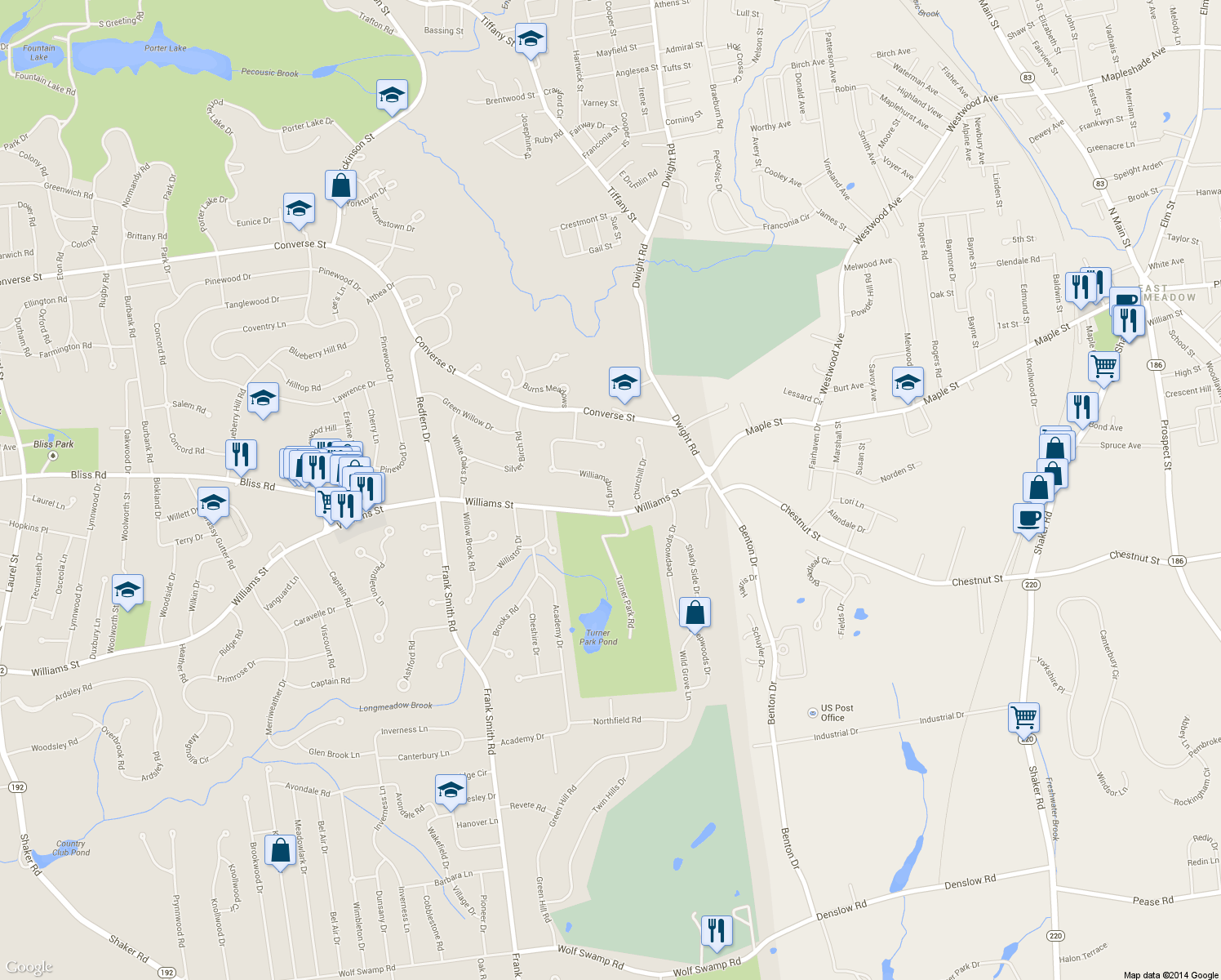 map of restaurants, bars, coffee shops, grocery stores, and more near 36 Williamsburg Drive in Longmeadow