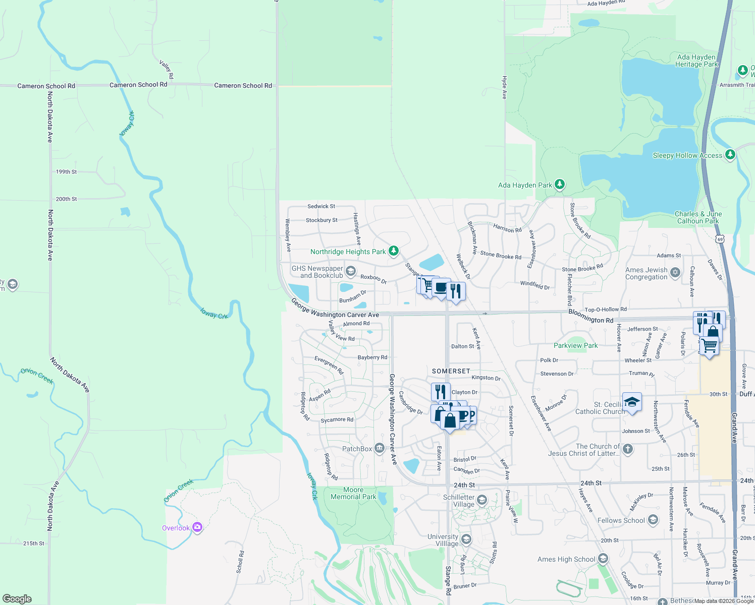 map of restaurants, bars, coffee shops, grocery stores, and more near 3700 Chilton Ave in Ames