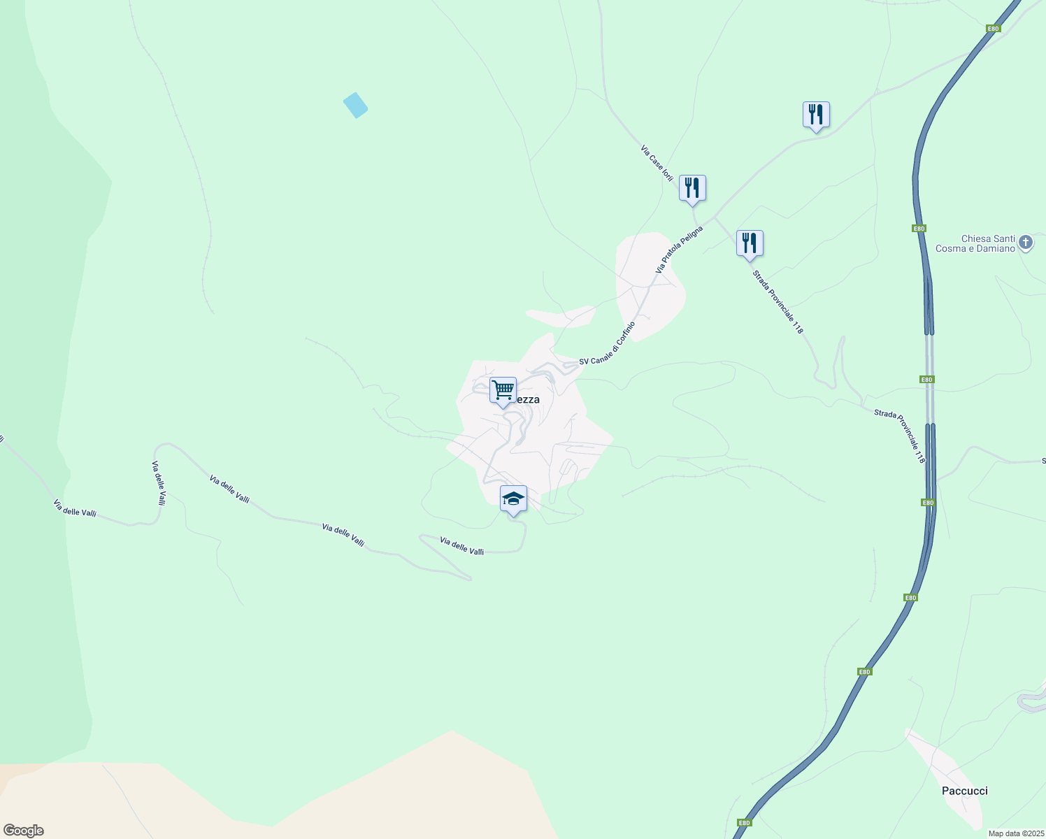 map of restaurants, bars, coffee shops, grocery stores, and more near 21 Via Concanelle in Prezza