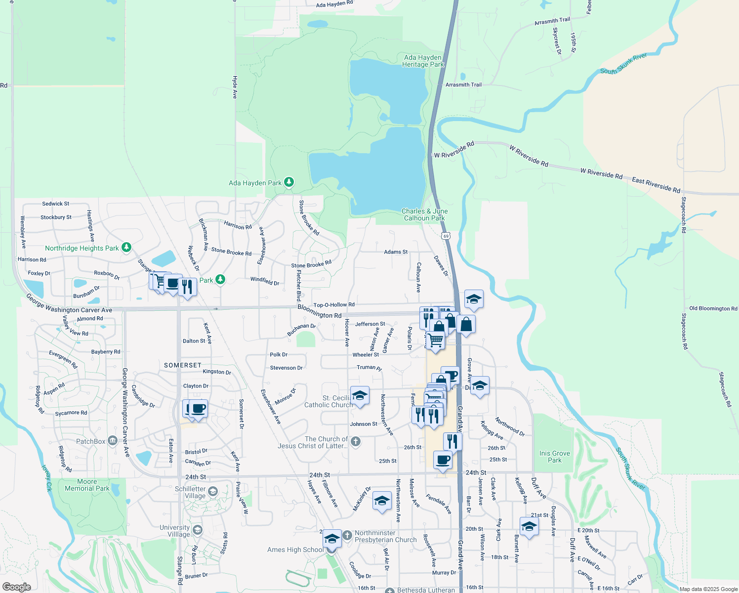 map of restaurants, bars, coffee shops, grocery stores, and more near 1309 Top-O-Hollow Rd in Ames