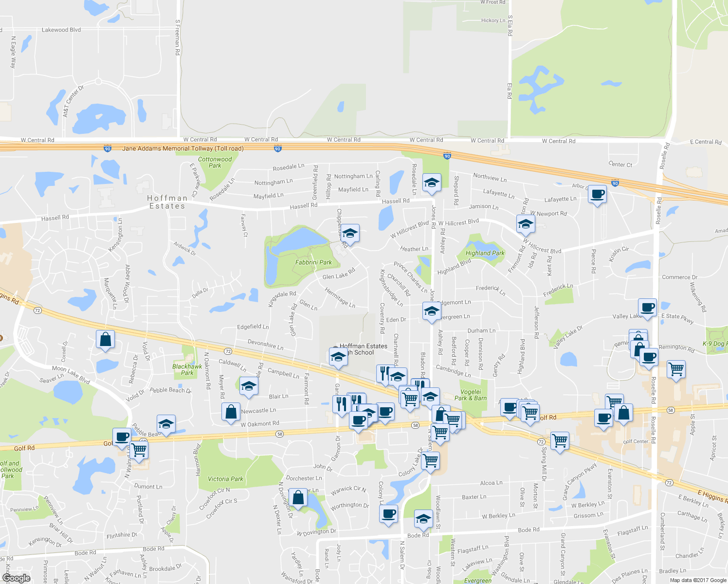 map of restaurants, bars, coffee shops, grocery stores, and more near 1670 Chippendale Road in Hoffman Estates