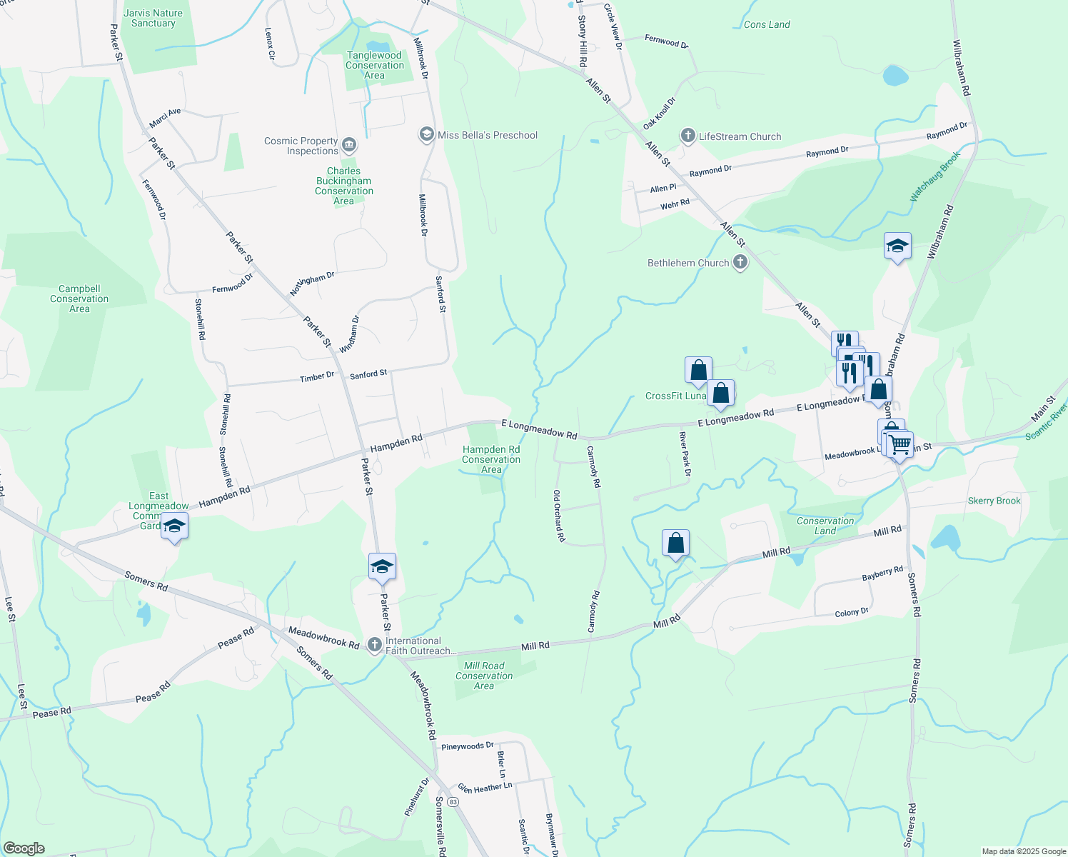 map of restaurants, bars, coffee shops, grocery stores, and more near 242 Hampden Rd in Hampden