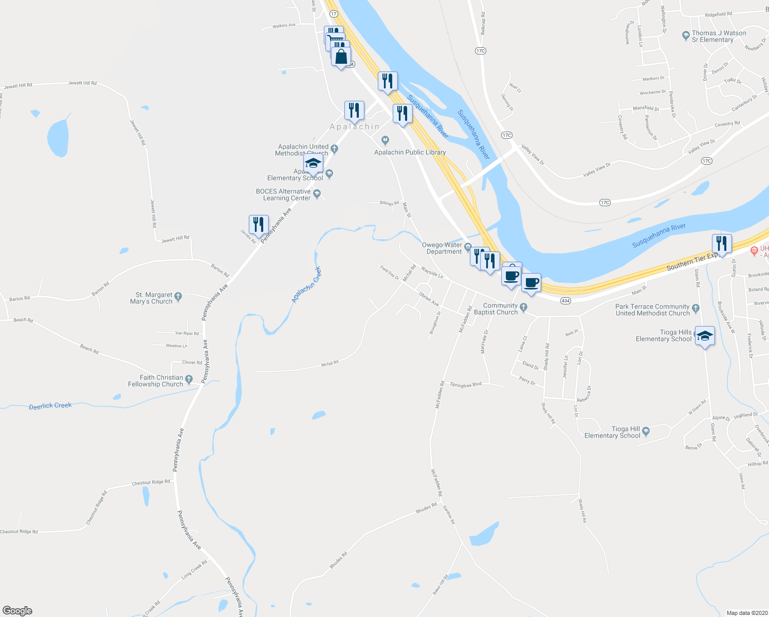 map of restaurants, bars, coffee shops, grocery stores, and more near 227 Mcfall Road in Apalachin