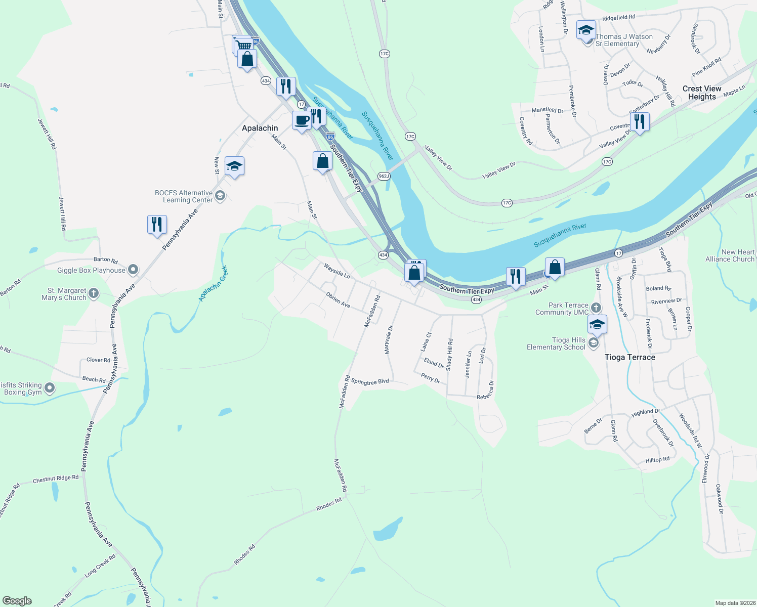 map of restaurants, bars, coffee shops, grocery stores, and more near 49 Mcfadden Rd in Apalachin