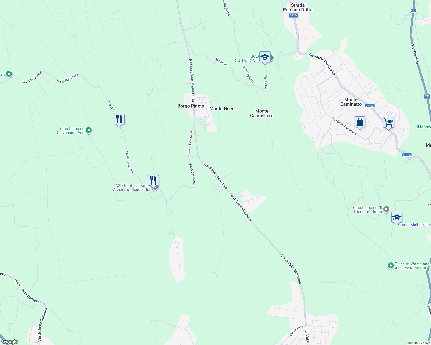 map of restaurants, bars, coffee shops, grocery stores, and more near 966 Via di Valle Muricana in Città metropolitana di Roma Capitale