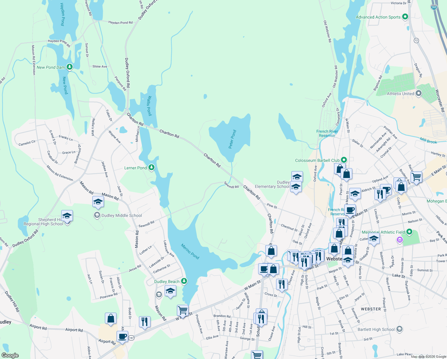 map of restaurants, bars, coffee shops, grocery stores, and more near 75 Sawmill Road in Dudley