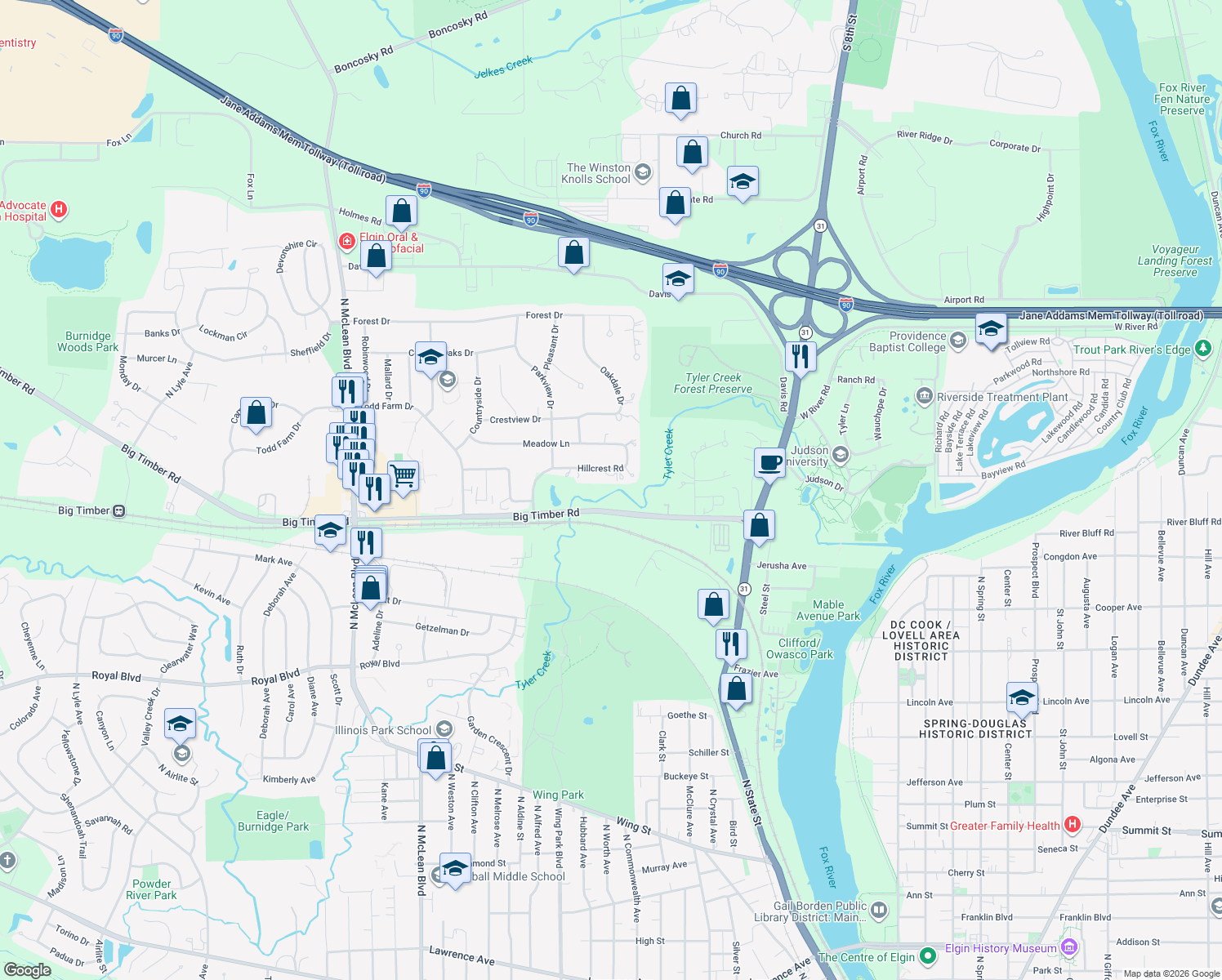 map of restaurants, bars, coffee shops, grocery stores, and more near 959 Hillcrest Road in Elgin
