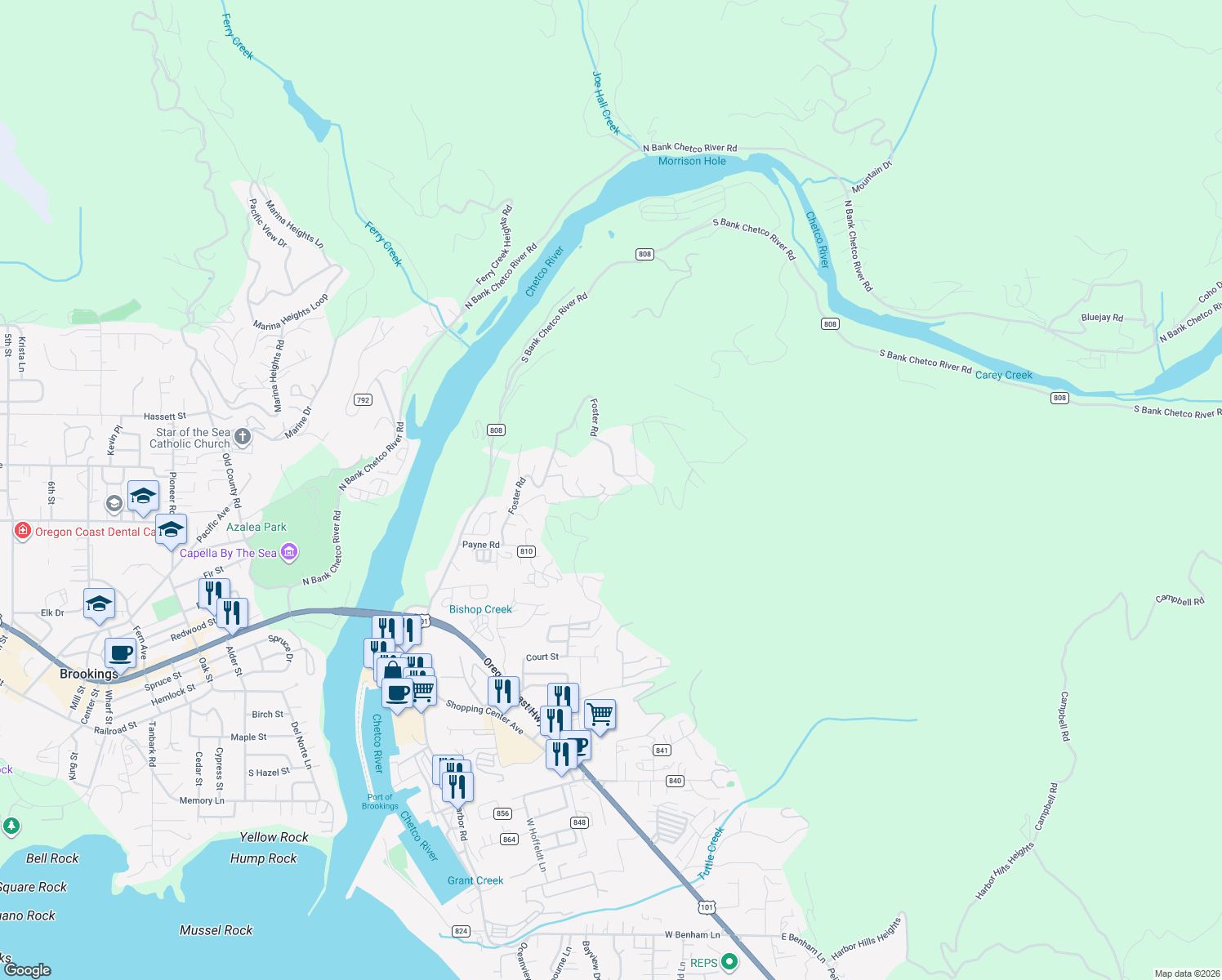 map of restaurants, bars, coffee shops, grocery stores, and more near 16951 Crown Terrace in Brookings