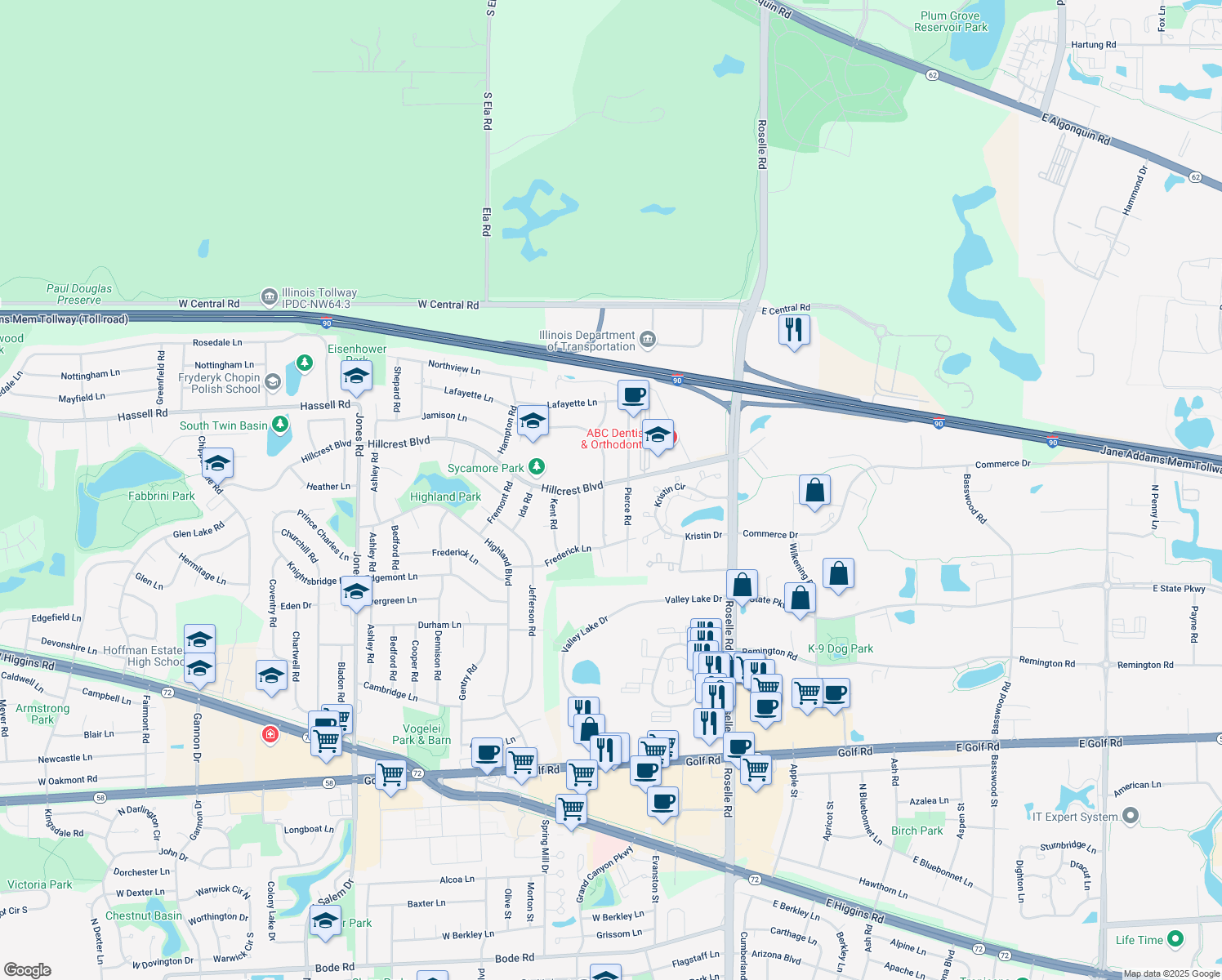 map of restaurants, bars, coffee shops, grocery stores, and more near 1775 North Newport Road in Hoffman Estates