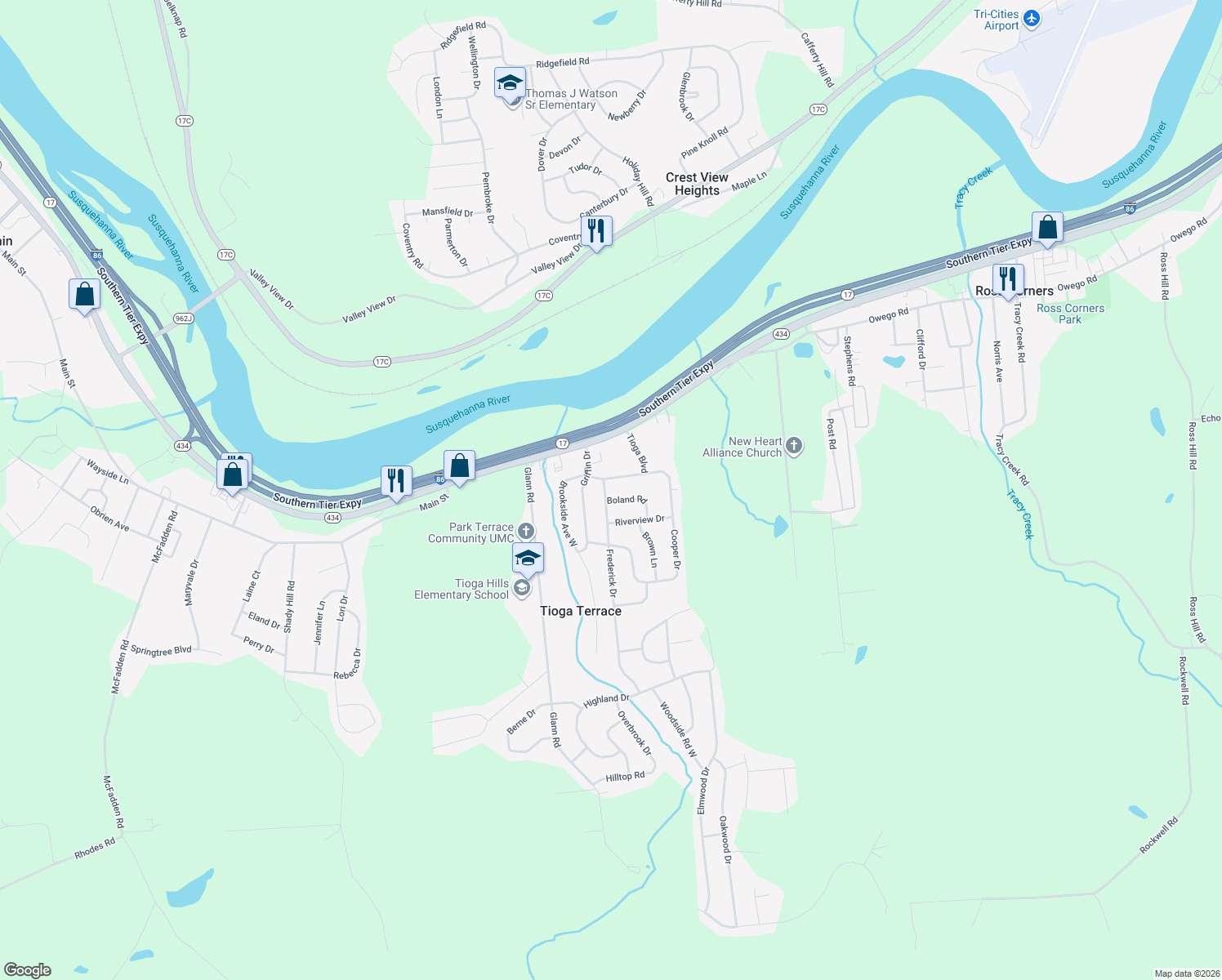 map of restaurants, bars, coffee shops, grocery stores, and more near 3 Frederick Dr in Apalachin
