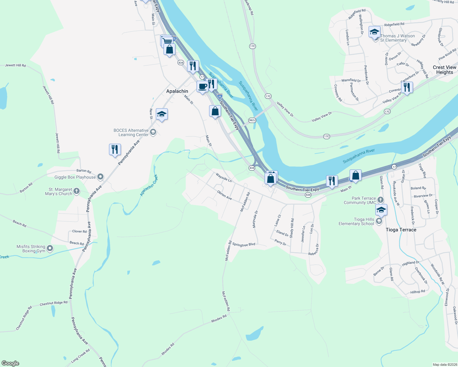 map of restaurants, bars, coffee shops, grocery stores, and more near 1 Wayside Ln in Apalachin