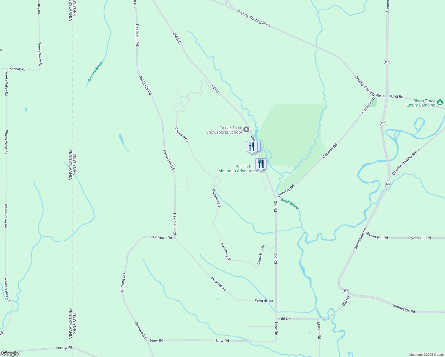 map of restaurants, bars, coffee shops, grocery stores, and more near 8406 Canterbury Drive in Clymer