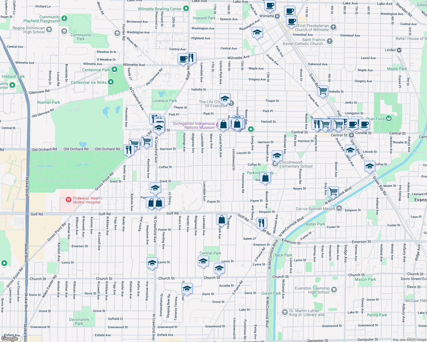 map of restaurants, bars, coffee shops, grocery stores, and more near 2325 Marcy Ave in Evanston