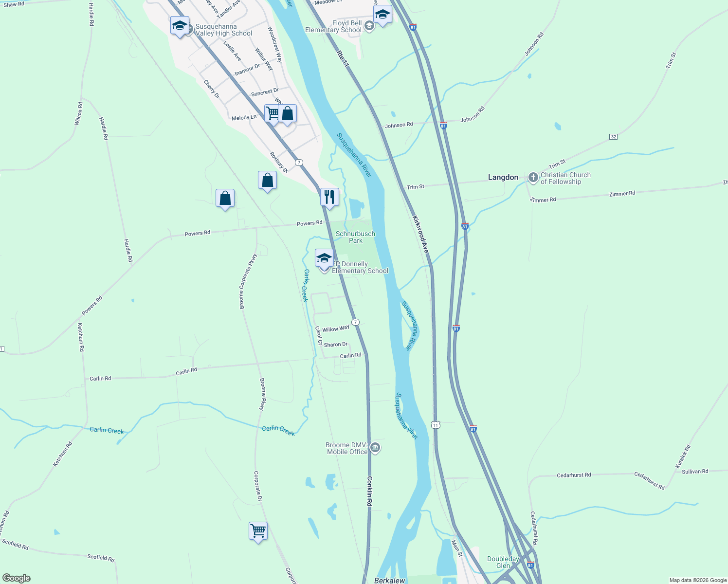 map of restaurants, bars, coffee shops, grocery stores, and more near 29 Berota Court in Conklin