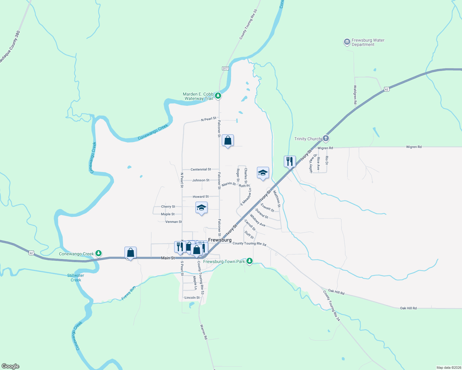 map of restaurants, bars, coffee shops, grocery stores, and more near 16 Marvin Street in Frewsburg