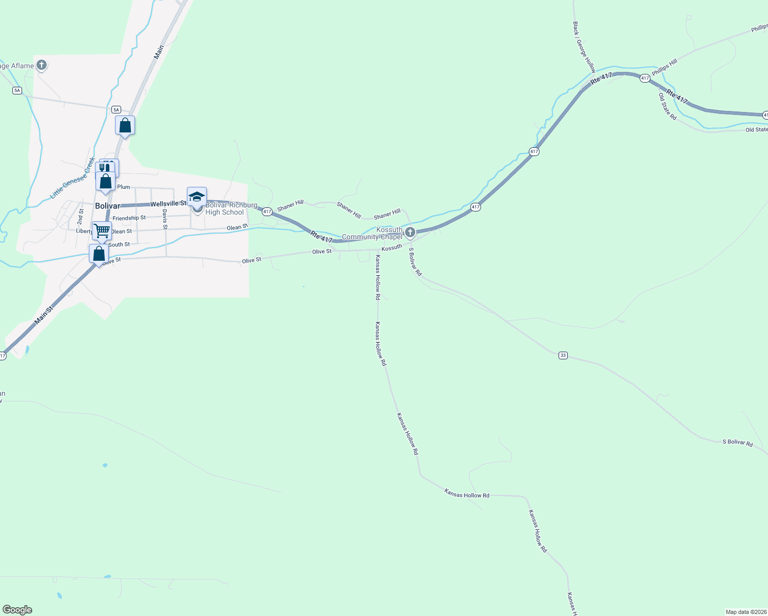 map of restaurants, bars, coffee shops, grocery stores, and more near 1398 Kansas Hollow Road in Bolivar