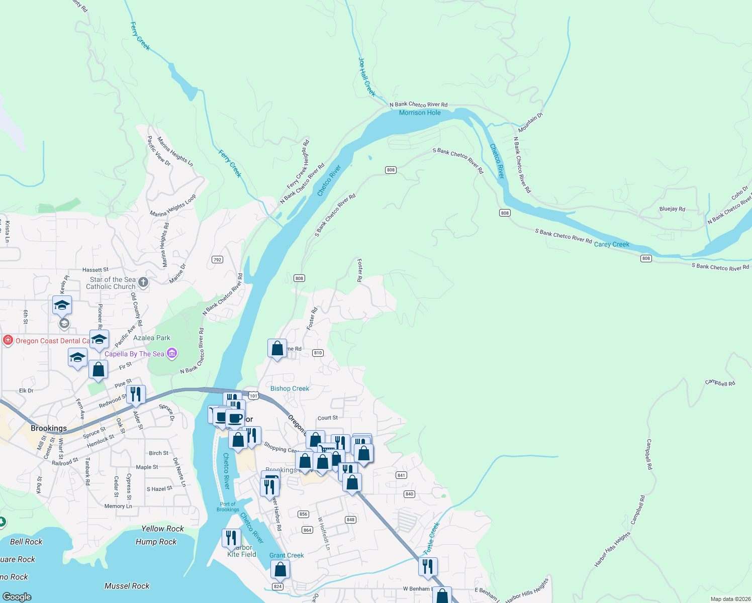 map of restaurants, bars, coffee shops, grocery stores, and more near 16951 Crown Terrace in Brookings