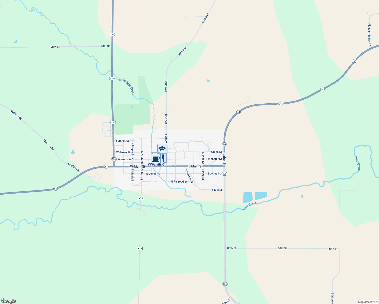 map of restaurants, bars, coffee shops, grocery stores, and more near 309 Green Street in Wyoming