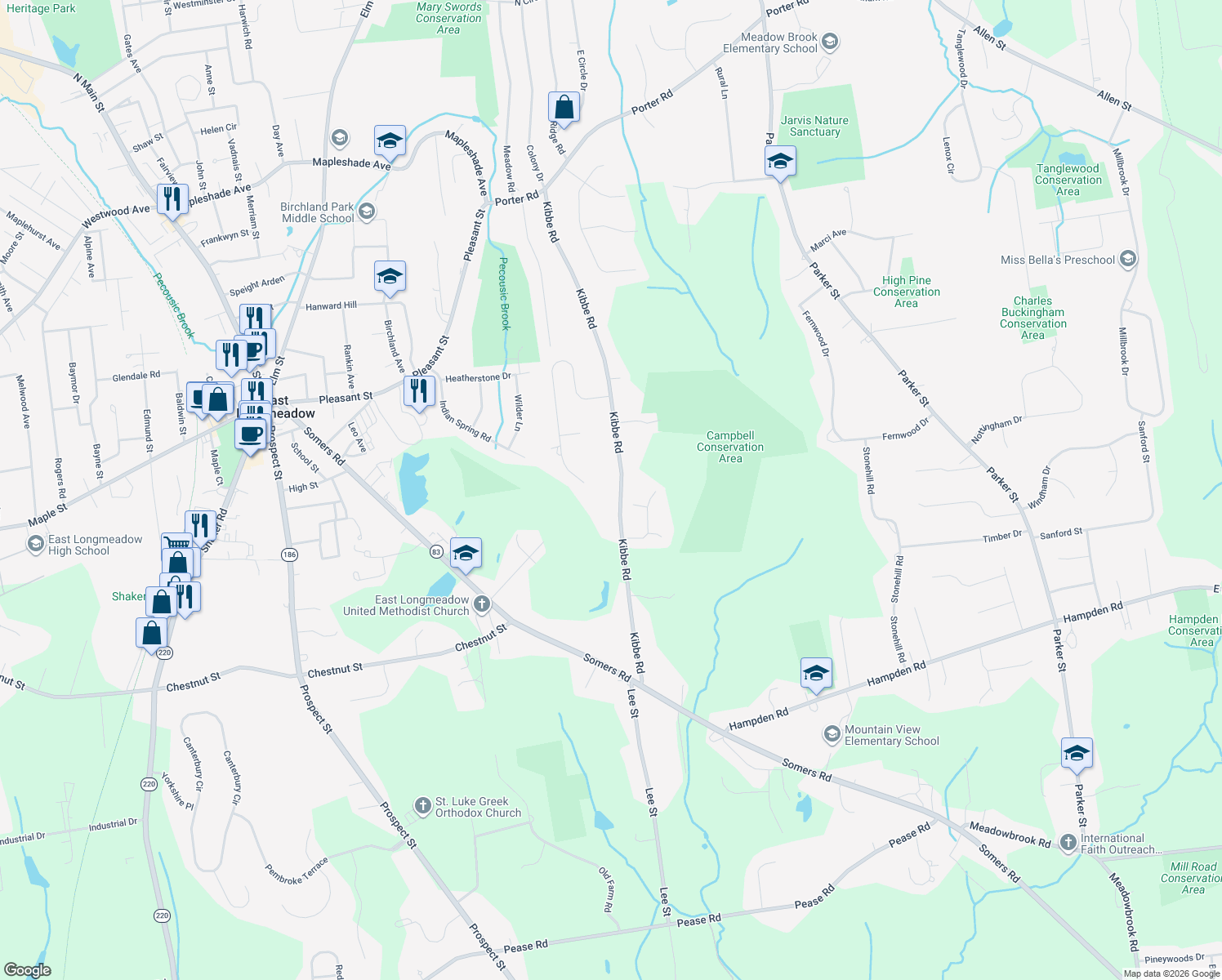 map of restaurants, bars, coffee shops, grocery stores, and more near 142 Kibbe Rd in East Longmeadow